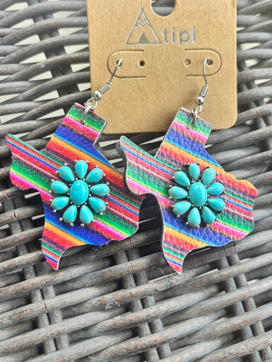 Tipi Jewelry - Turquoise Flower Texas Shape Earrings - Multicolor Serape